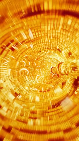 Camera flying through glowing grid tunnel with rings and streaking light — vertical video