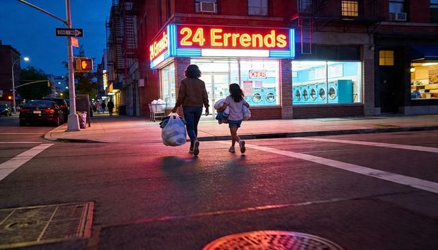 Neon laundromat evening: parent and child walking with laundry bags across city crosswalk