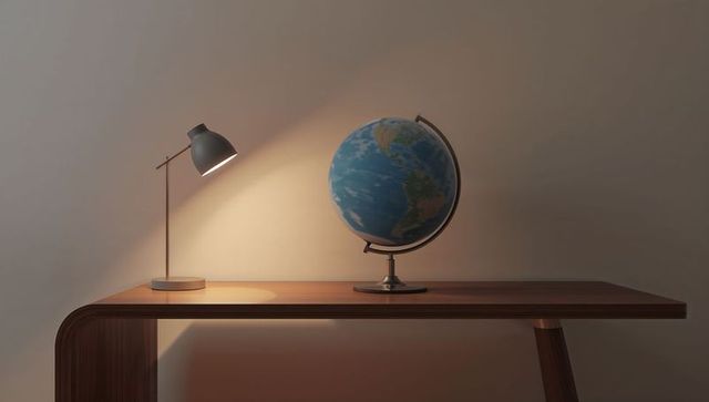 Minimalist wooden desk with globe and adjustable lamp casting warm light and soft shadows