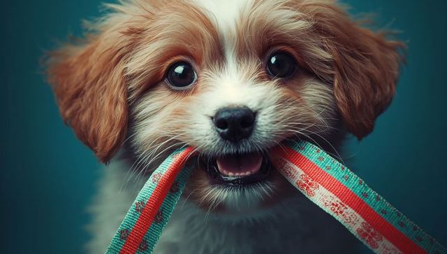 Fluffy puppy holding striped leash in mouth in studio