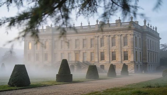 Misty dawn over neoclassical manor with grand stone façade, sash windows and clipped topiary