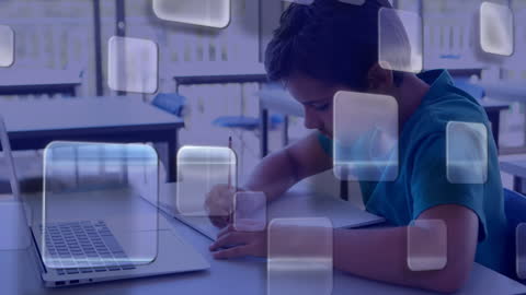 Boy in Classroom Studying with Modern Technology Overlay