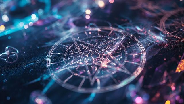 Shining pentagram with neon lights and swirling smoke