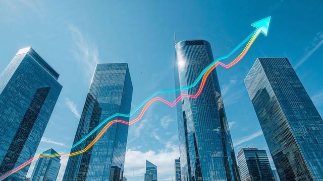 Skyscrapers with upward growth arrow in modern financial district