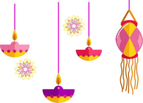 Bright diwali diyas and lantern on transparent background