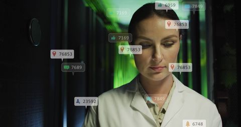 Engineer Analyzing Data in Server Room with Social Media Icons - Download Free Stock Images Pikwizard.com