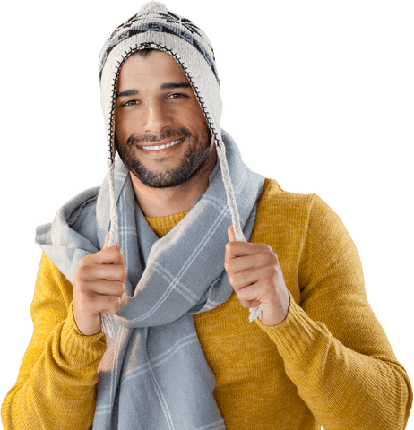 Smiling Man Holding Grey Hat Cord Liberated and Joyful Mood