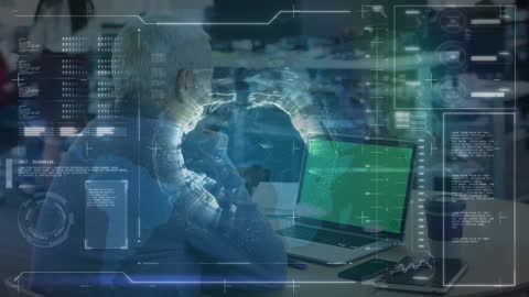 Man Engaging with Futuristic Digital Interface in Office