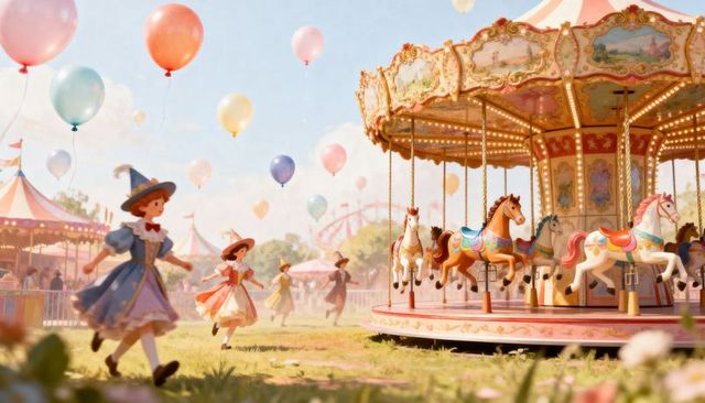 Children racing to carousel at vintage fair with pastel balloons and nostalgic charm