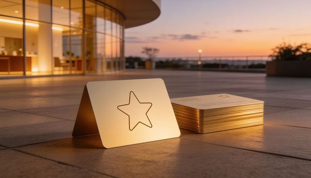 Golden metallic tent cards with star cutout on sunset terrace reflective architecture