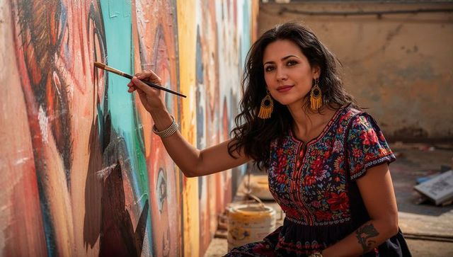 Female street artist painting vibrant mural wearing floral dress and tassel earrings