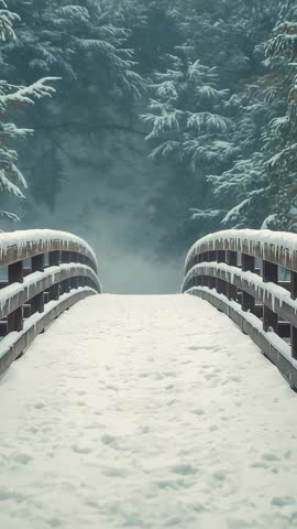 Gliding Along Snow-Covered Footbridge into Misty Pine Forest Vertical Winter Footage