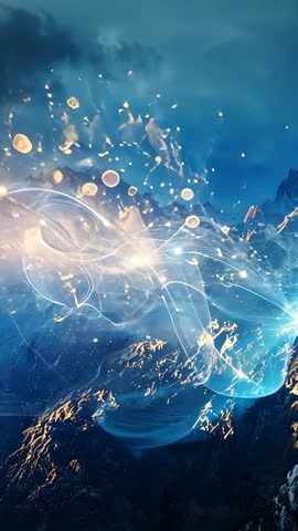 Vertical luminous blue ribbon flowing over mountain ridge with golden orbs and particle network