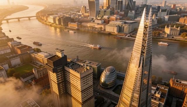 Golden-hour aerial shard and river thames with ferries gliding through london skyline