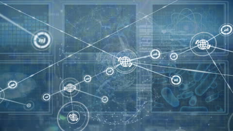 Global Network Icons and Lines with Science Data Background