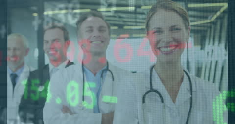 Smiling Doctors with Stock Market Data Overlaying Image
