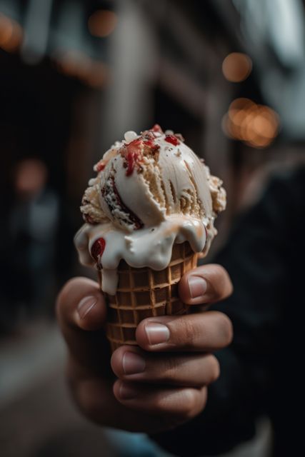 Person enjoying delicious ice cream cone outdoors. Hand holding waffle cone with scoops of ice cream topped with sprinkles. Excellent for advertisements relating to desserts, summer treats, and indulgence. Ideal image for food blogs, marketing for ice cream shops, or social media posts about enjoying sweet treats during warm weather.