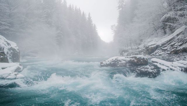 Rushing turquoise rapids carving snow-covered canyon in misty winter forest