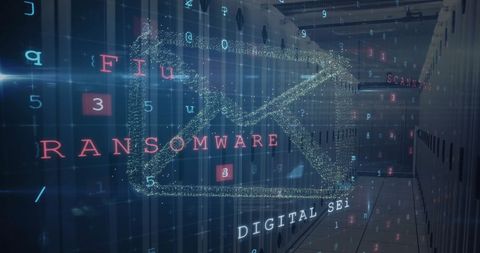 Digital threats visualized with ransomware warning in server room