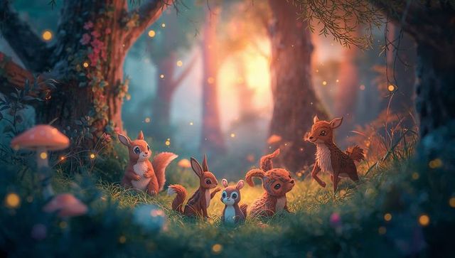 Woodland creatures gathering at twilight glow with fireflies and mossy mushrooms
