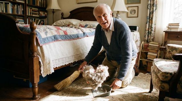 Senior man sweeping dust and pet fur in cozy vintage bedroom, collecting with broom