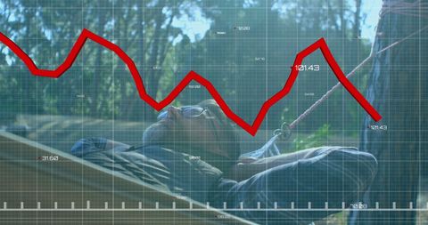 Businessman in hammock with financial market illustrations