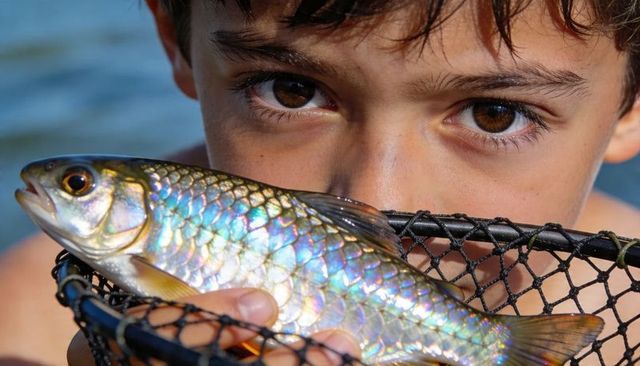 Boy holding iridescent silver-blue freshwater fish in landing net lakeside closeup