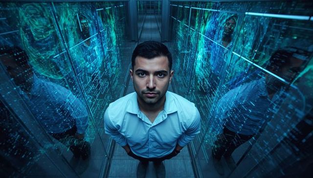 Standing it specialist monitoring holographic data streams in narrow server corridor