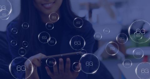 Asian Woman Using Tablet with 6G Network Icons Overlay