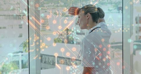 Doctor Reflecting by Window with Futuristic Circuit Overlay