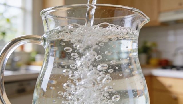 Filling glass pitcher with running water and bubbles on sunlit kitchen countertop