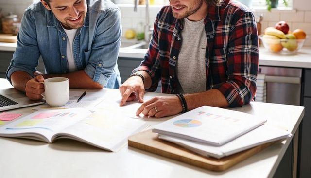 Two men reviewing charts at kitchen counter collaborating over coffee and data analytics