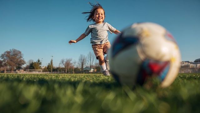 Energetic Young Boy Chasing Soccer Ball in Sunny Park