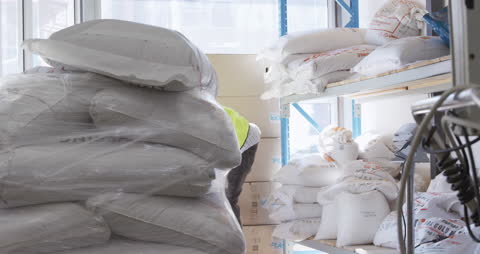 Workers Transporting Sacks in Modern Microbrewery