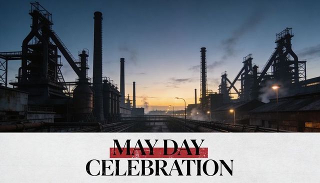 May day celebration industrial steel mill skyline at dusk silhouette with chimneys and smoke