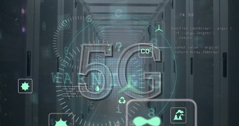 Digital 5G Network Overlaid on Data Servers with Eco-Conscious Icons - Download Free Stock Images Pikwizard.com