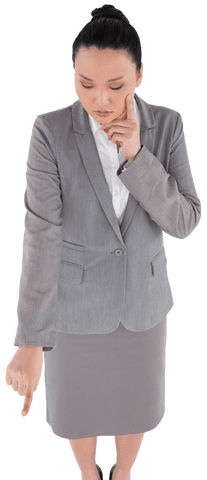 Transparent Businesswoman Portrait Pointing Downwards Thoughtfully