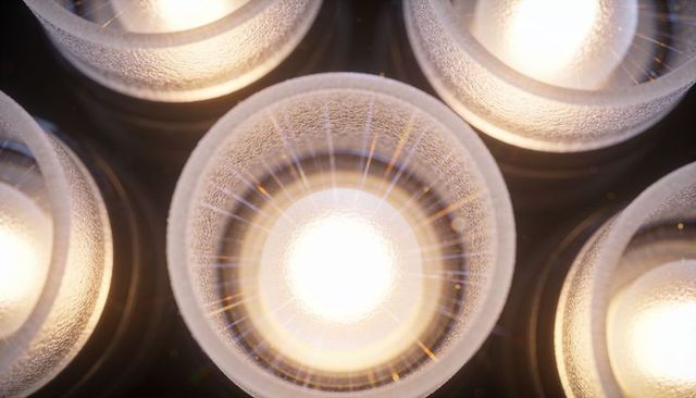 Macro close-up led ceiling spotlight emitting warm white glow through textured diffuser