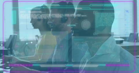 Diverse Team Analyzing Digital Data with Futuristic Interface