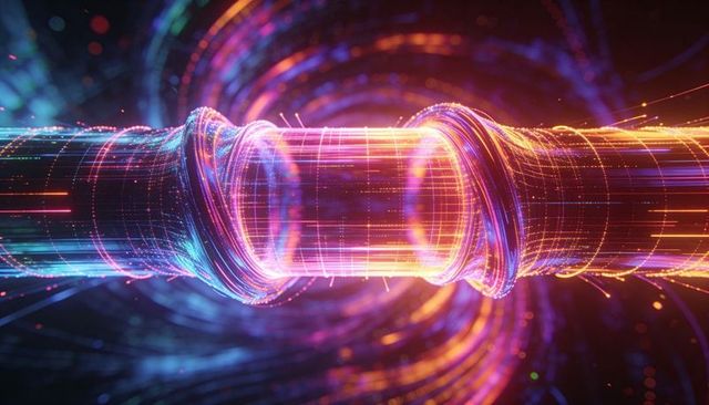 Glowing neon data conduit connecting fiber streams with dynamic light rings and motion