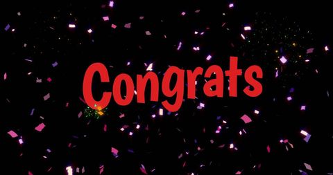 Congratulations celebration with falling confetti on black background