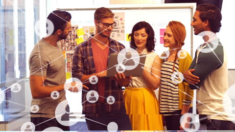 Diverse Team Discussing in Modern Office with Digital Network Overlay