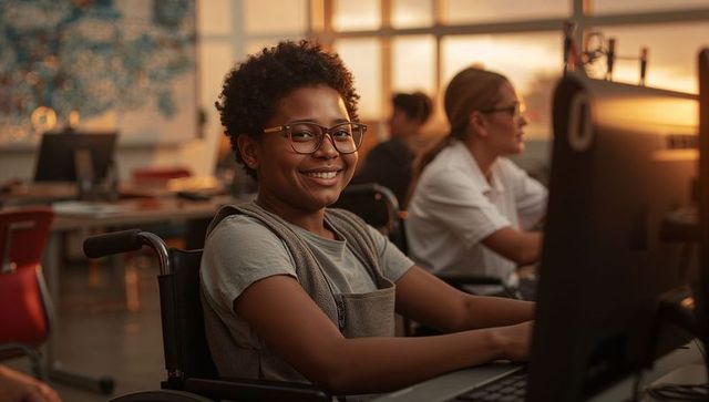 Smiling teen in wheelchair working on computer in classroom, accessibility and inclusion