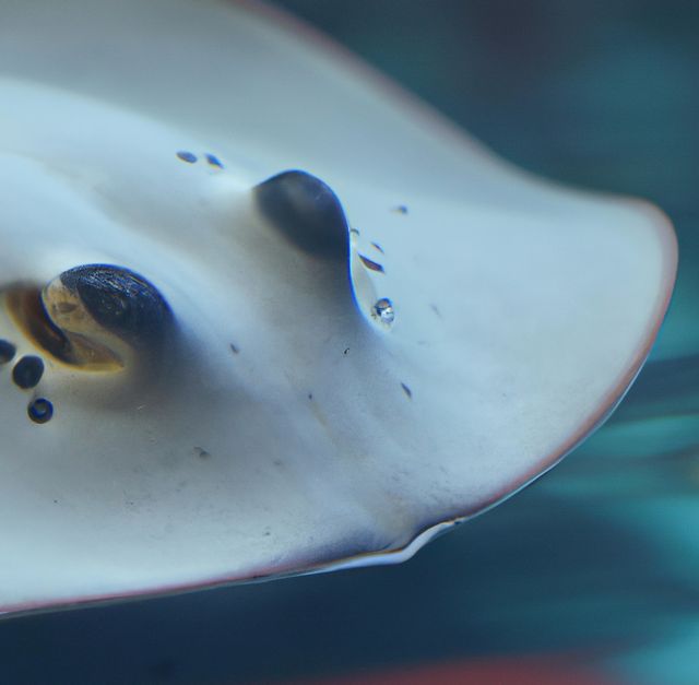 This close-up photograph of a manta ray swimming underwater captures the smooth and graceful motion of this marine creature. The subtle blur effect in the background gives the image a sense of depth. It can be used in nature documentaries, marine biology studies, educational materials, conservation campaigns, and oceanic-themed content.