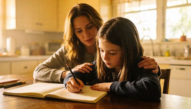 Mother guiding daughter writing homework at sunlit kitchen table, cozy family learning