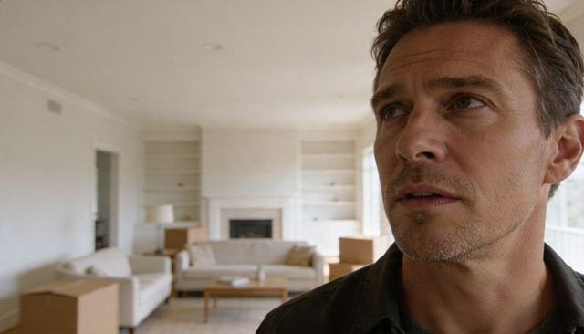 Pensive middle-aged man looking thoughtful in living room during moving day with boxes
