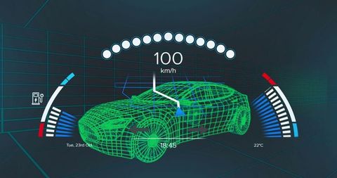 Futuristic holographic neon wireframe sports car dashboard displaying telemetry and speed
