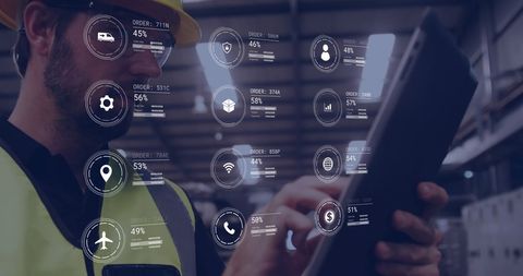 Warehouse Worker Using Digital Tablet with Data Interface Overlay - Download Free Stock Images Pikwizard.com