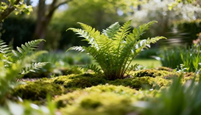 Sunlit single fern unfurling on mossy garden floor, close-up low-angle bokeh morning shot