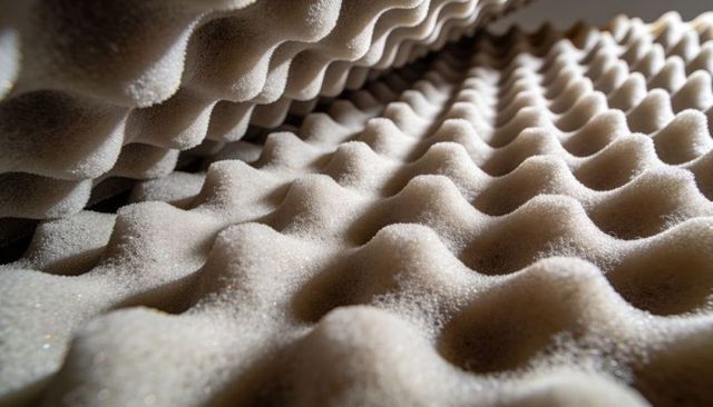 Capturing beige egg-crate foam texture with directional light, macro granular peaks